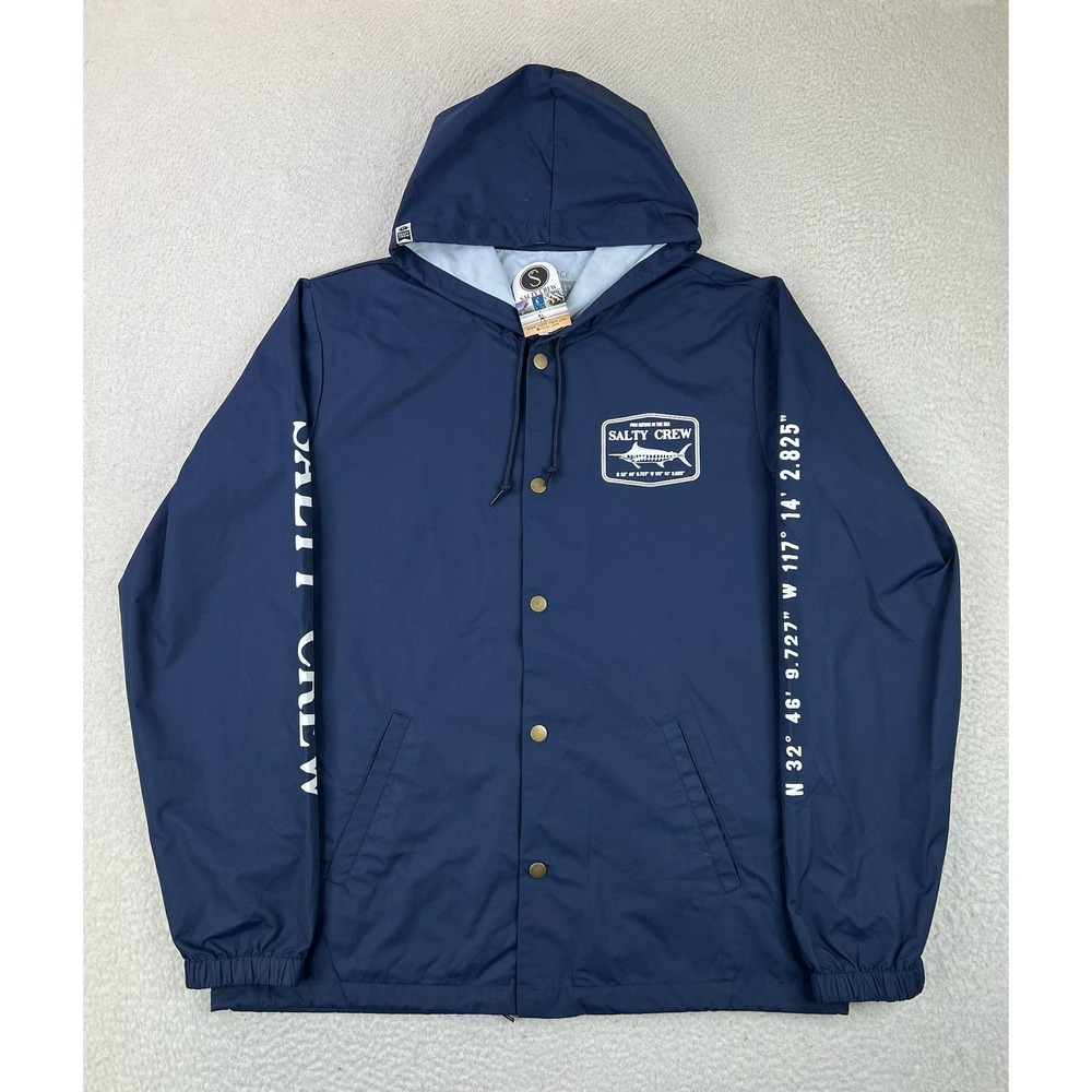 Salty Crew Stealth Snap Jacket Mens XL Blue Hooded Windbreaker Fishing Graphic
